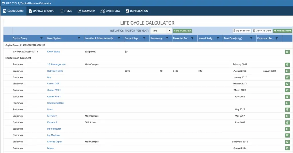 Life Cycle Calculator in eSPACE Facility Management Software